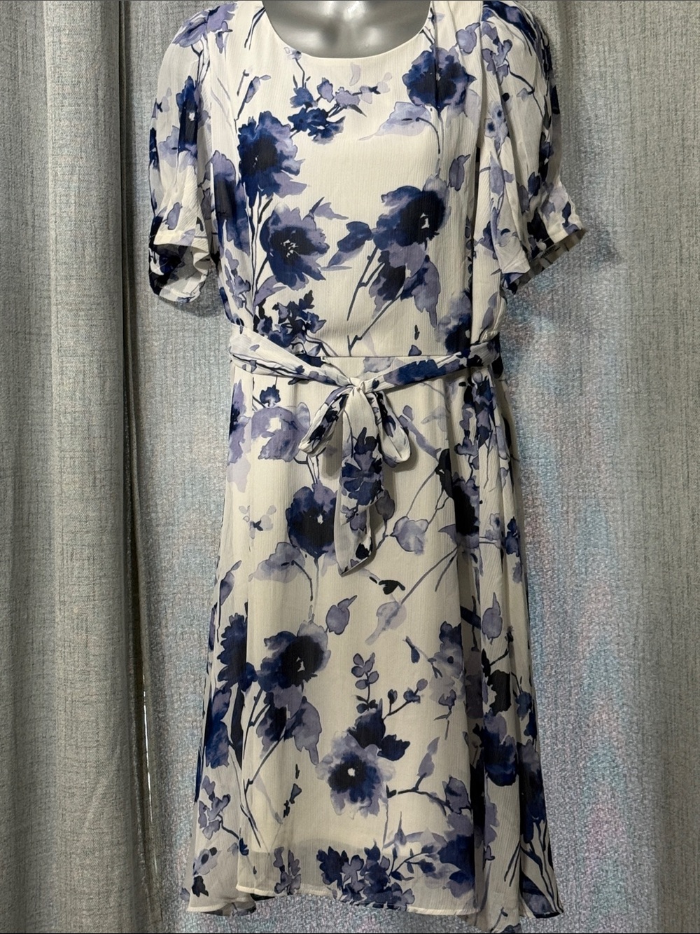 DKNY White Midi Dress with Blue Floral Print and Self-Tie Waist